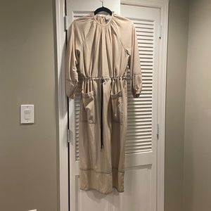 ASOS neutral color maxi dress with contrasting black stitching and long sleeves